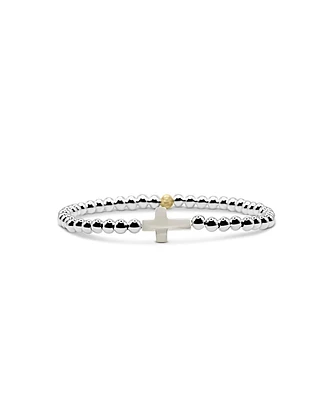 4mm Sterling Silver Ball and Single Mother of Pearl Cross Stretch Bracelet