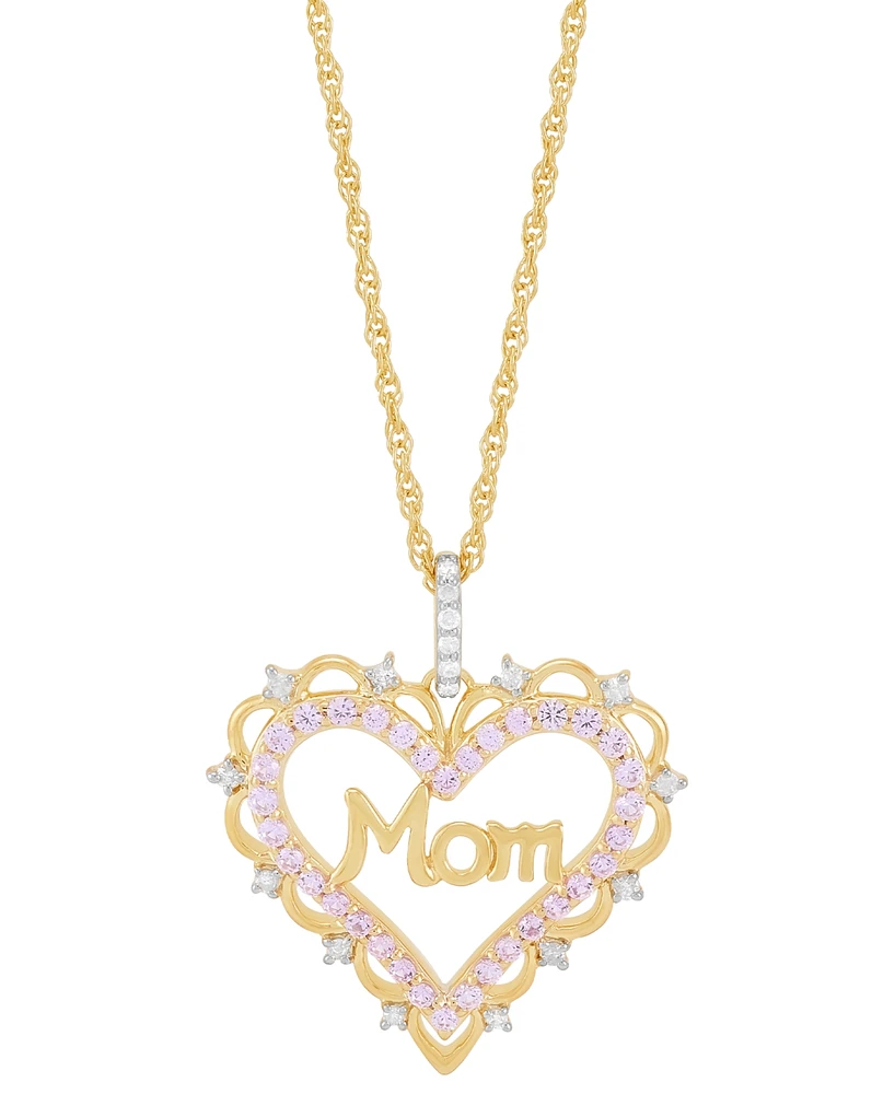 Lab Created Pink Sapphire (3/8 ct. t.w.) & Diamond (1/10 ct. t.w.) Mom Heart Pendant Necklace in 14k Yellow Gold-Plated Sterling Silver, 16" + 2" exte
