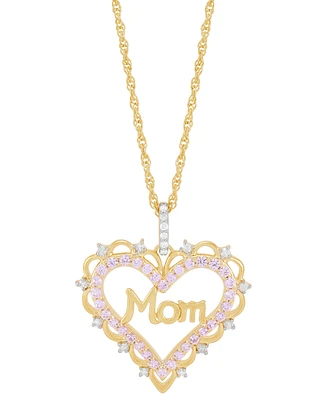 Lab Created Pink Sapphire (3/8 ct. t.w.) & Diamond (1/10 ct. t.w.) Mom Heart Pendant Necklace in 14k Yellow Gold-Plated Sterling Silver, 16" + 2" exte