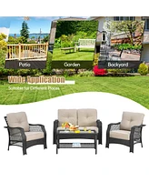 4PCS Patio Wicker Furniture Set Loveseat Sofa Coffee Table W/ Cushion