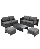 6PCS Patio Rattan Furniture Set Space Saving Cushioned Fully Assembled