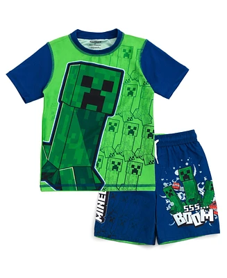 Minecraft Boys Zombie Creeper Alex Steve Rash Guard and Swim Trunks Outfit Set to