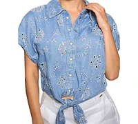Guess Women's Brigitte Eyelet Tie-Front Cap-Sleeve Shirt