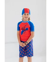 Spider-Man Boys Marvel Avengers Rash Guard Swim Trunks and Cap 3 Piece Swimsuit Set