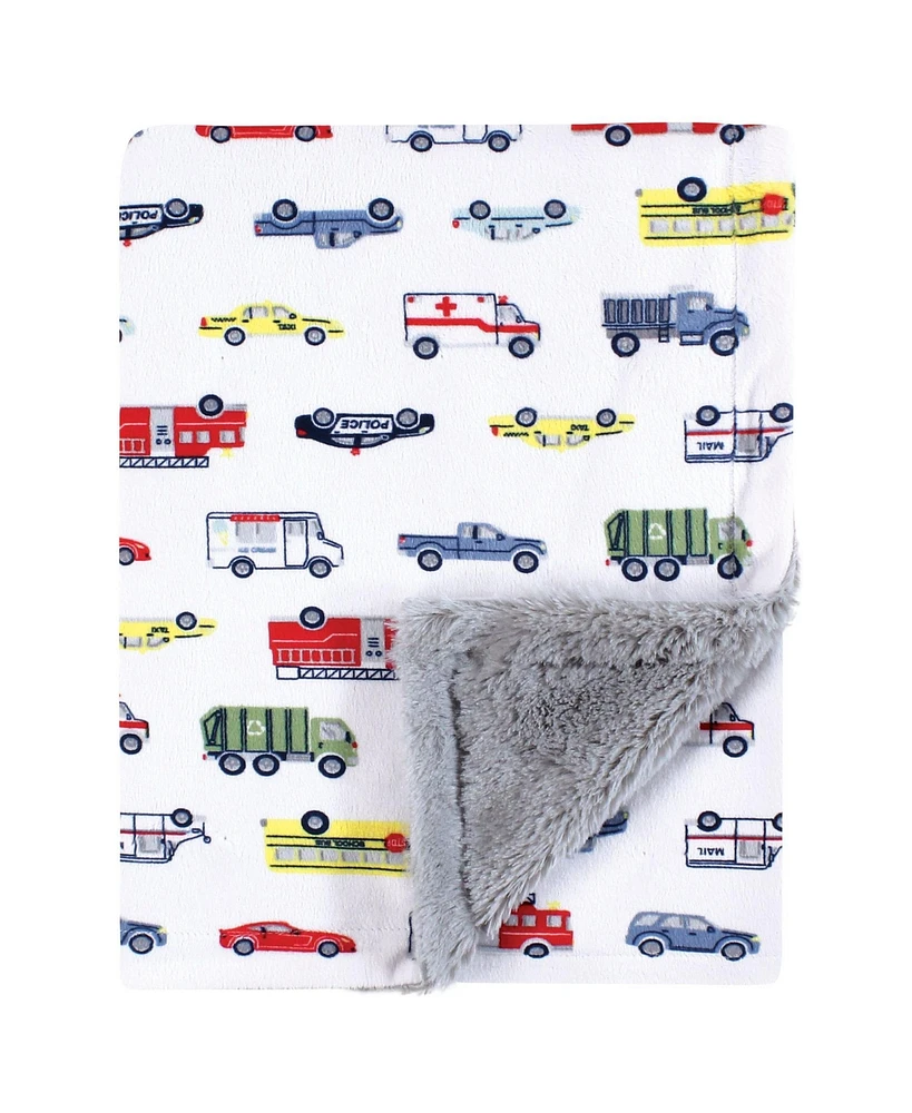 Hudson Baby Plush Blanket with Furry Binding and Back, Going Places, One Size