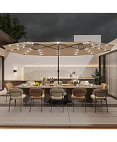 15 ft. Large Market Patio Umbrella with 36 Solar Lights,Double-Sided Outdoor Blue Base and Sandbag