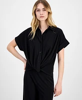 Anne Klein Women's Solid Twist-Front Button-Down Textured Crepe Knit Top