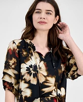 Anne Klein Women's Pleated-Sleeve Floral-Print Split-Neck Top