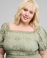 And Now This Trendy Plus Eyelet Embroidered Cotton Puff-Sleeve Maxi Dress, Exclusively at Macy's