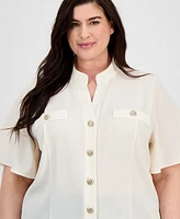 Anne Klein Plus Split-Neck Flutter-Sleeve Button-Front Blouse