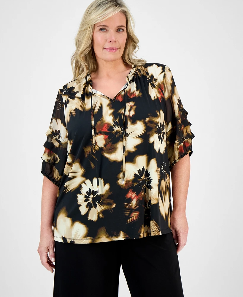 Anne Klein Plus Printed Pleated-Sleeve Blouse