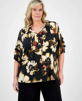 Anne Klein Plus Printed Pleated-Sleeve Blouse