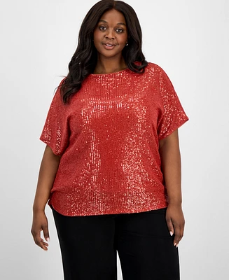 Anne Klein Plus Sequin Dolman-Sleeve Boat-Neck Top