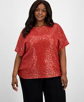 Anne Klein Plus Sequin Dolman-Sleeve Boat-Neck Top