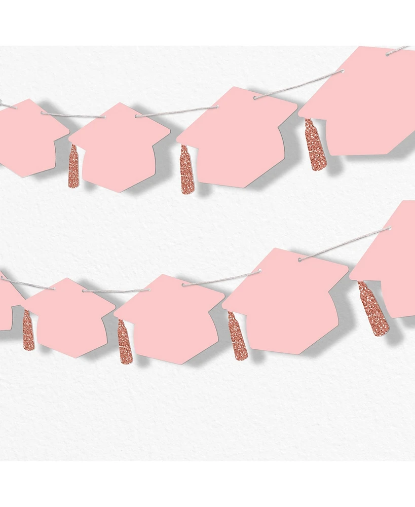 Rose Gold Graduation Cap Garland Banner, 10 Feet of Cord, 15 Hats with Tassels