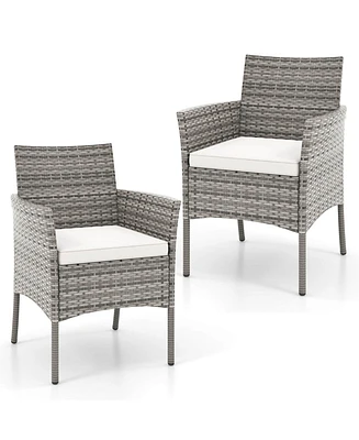 Set of 2 Patio Rattan Arm Dining Chair Cushioned Sofa Furniture