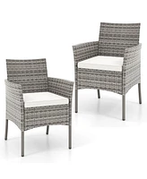 Set of 2 Patio Rattan Arm Dining Chair Cushioned Sofa Furniture