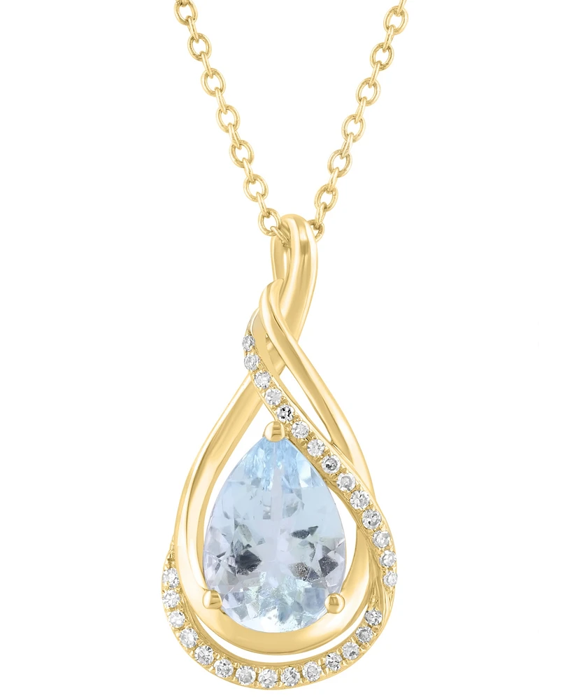 Effy Collection Diamond (1/10 ct. t.w.) & Aquamarine (1-1/2 ct. t.w.) Pendant in 14k Yellow Gold, 17" + 1" extender