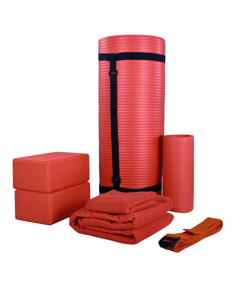 BalanceFrom Fitness 7 Piece Yoga Set with Mat, Stretch Strap, & Knee Pad, Red