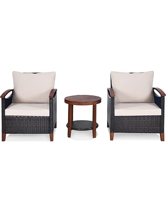 Gymax 3PCS Outdoor Patio Rattan Conversation Set Outdoor Furniture Set w/ Cushion