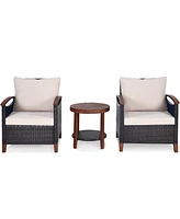 Gymax 3PCS Outdoor Patio Rattan Conversation Set Outdoor Furniture Set w/ Cushion