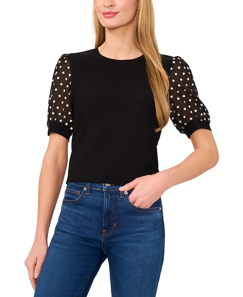 CeCe Women's Puff-Sleeve Mixed-Media Crewneck Top