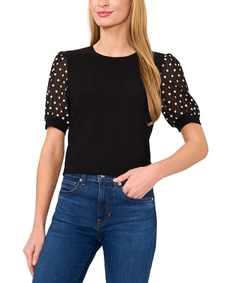 CeCe Women's Puff-Sleeve Mixed-Media Crewneck Top