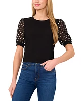 CeCe Women's Puff-Sleeve Mixed-Media Crewneck Top