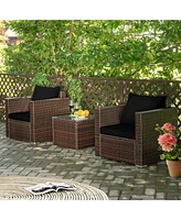 Gymax 3 Piece Outdoor Patio Rattan Conversation Furniture Set w/ Cushions & Coffee Table