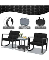 Gymax Set of 3 Rattan Patio Furniture Set Rocking Chair Set w/ Cushions Table