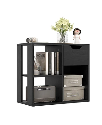 3-Cube Bookcase 2-tier Wooden Storage Shelf with Pull-out Drawer