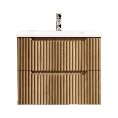 Casainc 24" Wall Mounted Walnut Bathroom Vanity Cabinet with White Basin Sink Combo Floating