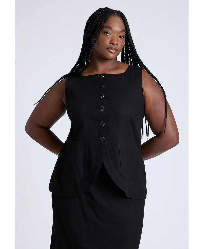 Eloquii Plus Square Neck Scoop Hem Linen Blend Vest