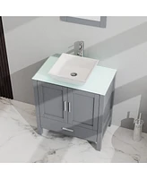 Casainc 30" Gray Bathroom Vanity and Sink Combo Glass Top Cabinet With Mirror