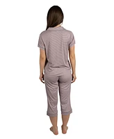 Tahari Women's 3-Piece Ribbed Pajama Set Short Sleeve Notch Collar Top, Shorts, and Capri Pants Pj Set