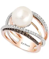 Le Vian Fresh Water Pearl (10mm) and Diamond (3/4 ct.t.w.) Ring 14k White, Yellow Rose Gold - Tri