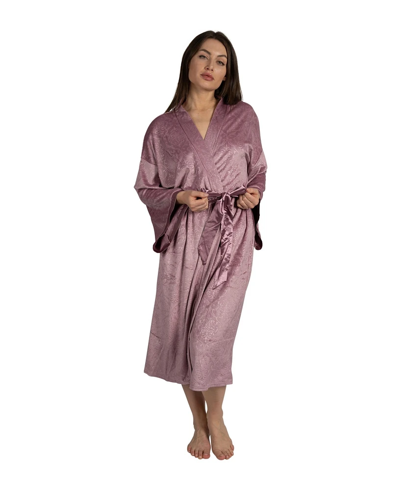 Tahari Women's Velour Kimono Robe with Flowy Bell Sleeves Satin Trim and Tie Front