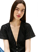 Tommy Jeans Women's Cotton Embroidered Plunging-Neck Blouse