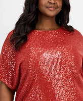 Anne Klein Plus Sequin Dolman-Sleeve Boat-Neck Top