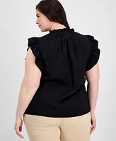 Anne Klein Plus Ruffle-Trim Split-Neck Sleeveless Blouse