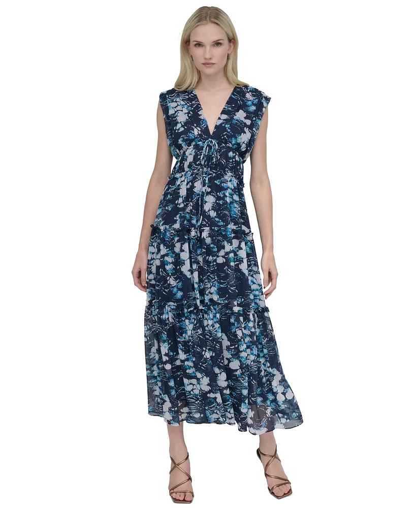 Dkny Women's Printed V-Neck Empire-Waist Tiered Dress
