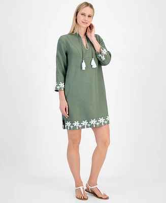 Charter Club Women's 100% Linen Palm-Trim Mini Dress, Exclusively at Macy's