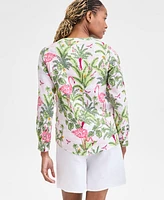 Charter Club Women's 100% Linen Palm Print Roll-Tab Shirt, Exclusively at Macy's