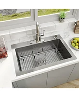 33-Inch Stainless Steel Sink On The Counter Installation Single Grooves With 2 Faucet Holes With Drain Grid And Drainer Thick 18Ga