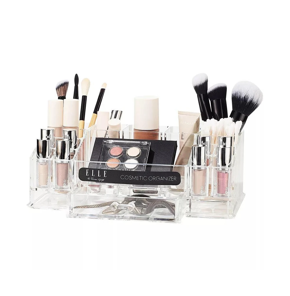 Acrylic Makeup Tray Organizer– 16 Compartments 1 Drawer, Rectangular Holder for Brushes, Eyeshadow Palettes, Skincare & Beauty Supplies