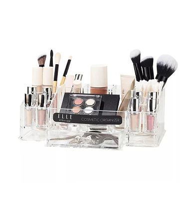 Acrylic Makeup Tray Organizer– 16 Compartments 1 Drawer, Rectangular Holder for Brushes, Eyeshadow Palettes, Skincare & Beauty Supplies