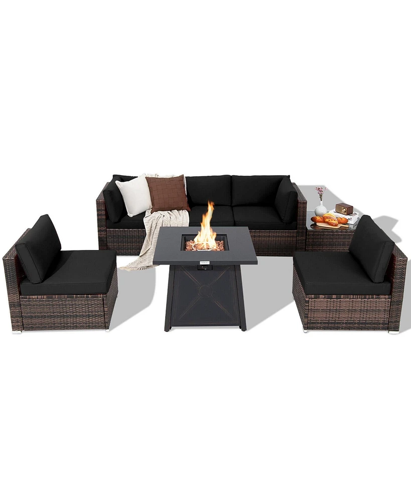 Gymax 7PCS Rattan Patio Sectional Furniture Set w/ 30'' Fire Pit Table & Cushion