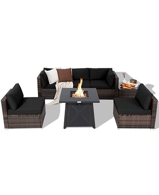 Gymax 7PCS Rattan Patio Sectional Furniture Set w/ 30'' Fire Pit Table & Cushion
