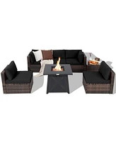 Gymax 7PCS Rattan Patio Sectional Furniture Set w/ 30'' Fire Pit Table & Cushion