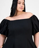 Bar Iii Trendy Plus Bubble-Sleeve Off-The-Shoulder Dress, Exclusively at Macy's